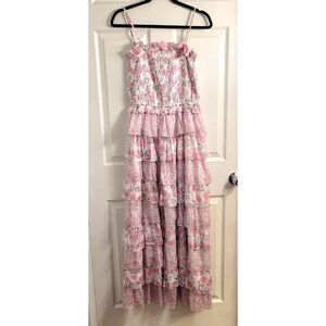 Dalia MacPhee M Pink Rose Floral Smocked Cascading Ruffle Maxi Dress Coquette